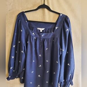 LC Lauren Conrad Navy Blouse with White Floral Accents